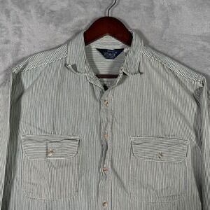 Woolrich Shirt Mens L Green Hickory Stripe Button Front Railroad*